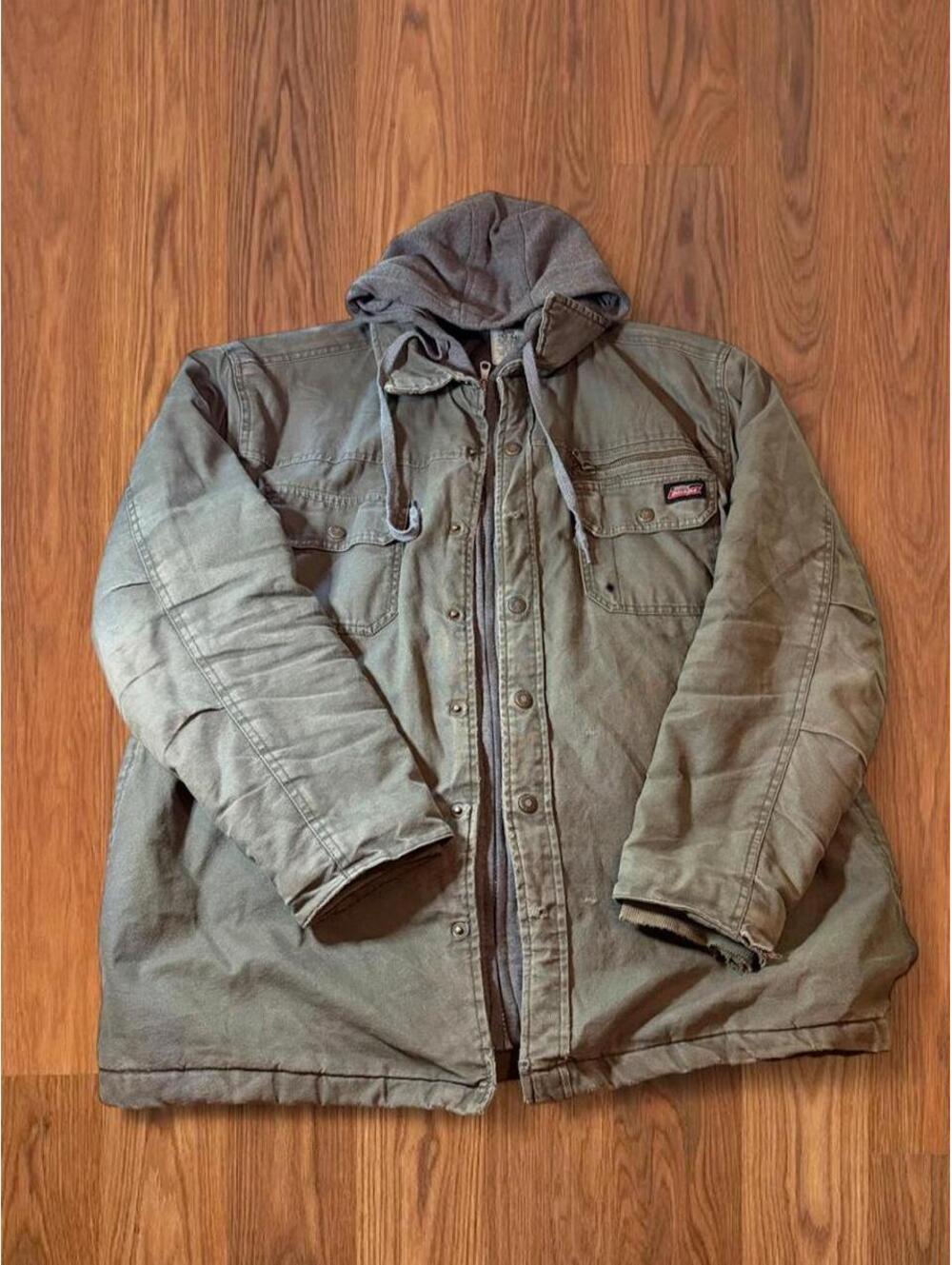 Dickies Mens Large Olive Green Full Zip Layered Hooded Workwear Jacket
